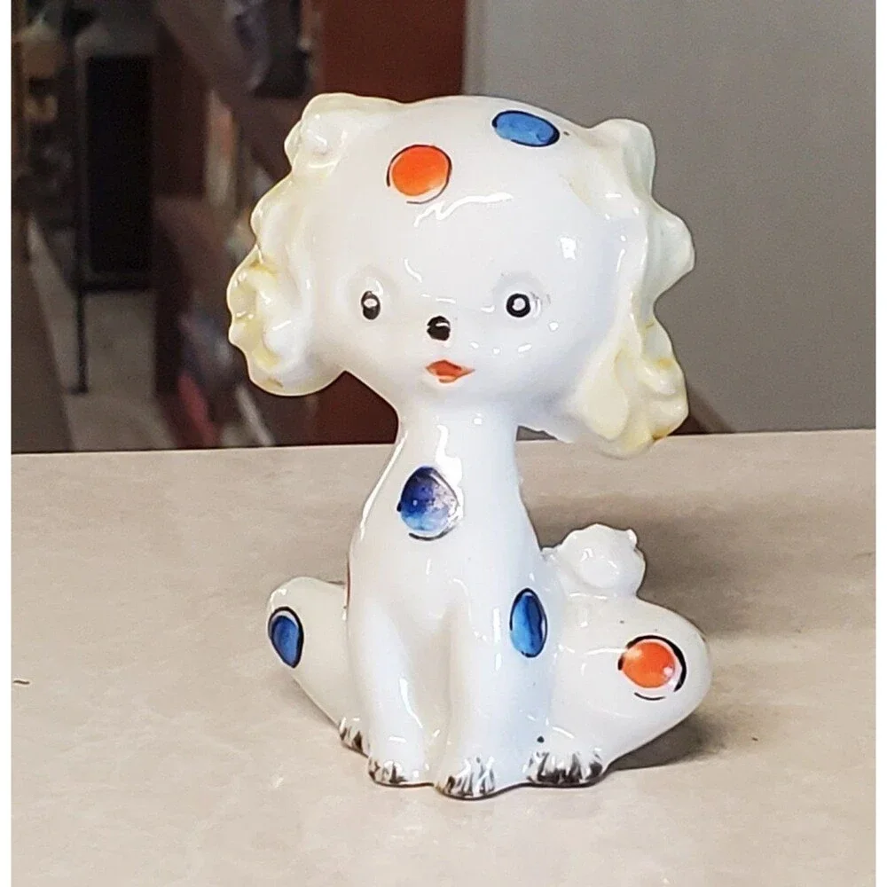 Vtg Puppy Dog Red Blue Polka Dot Kitsch Japan Porcelain 3